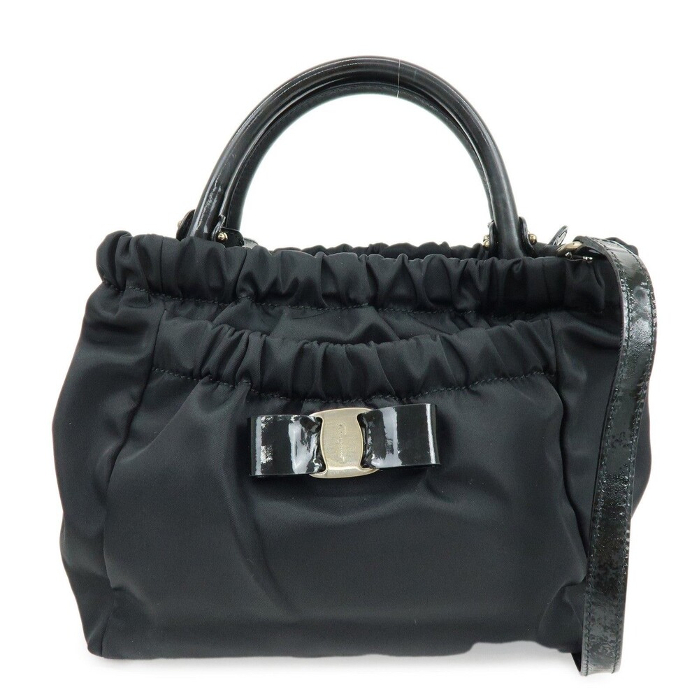 Ferragamo Vara Ribbon Nylon Patent Leather Handbag Black